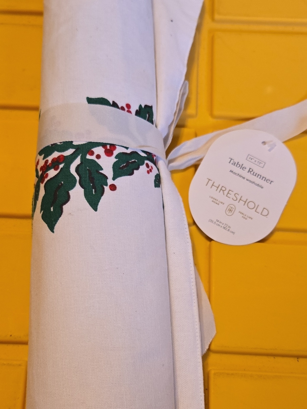 Threshold White Table Runner with Green Holly and Red Berry Accents 924